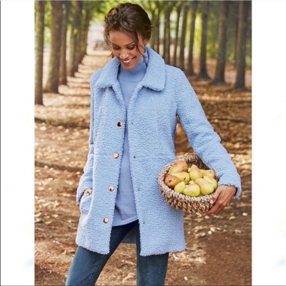 Soft Surroundings Contesse soft light blue button front sherpa teddy coat jacket